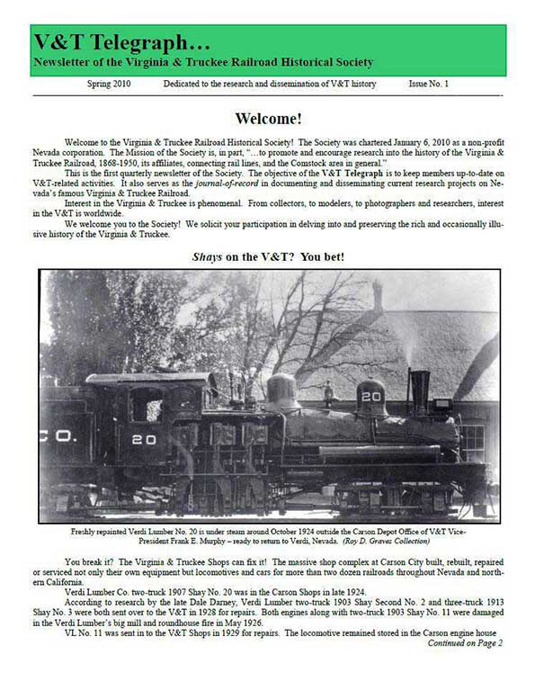 Virginia & Truckee Historical Society newsletter, V&T Telegraph,  Issue 1, Spring 2010