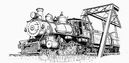 Drawing of V&T Locomotive No. 26 on a bridgef by Richard (Dick) C. Datin from the Stephen Drew Collection. All rights reserved.