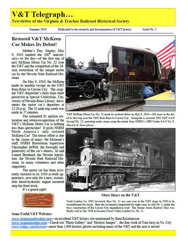 Virginia & Truckee Historical Society newsletter, V&T Telegraph,  Issue 2, Summer 2010