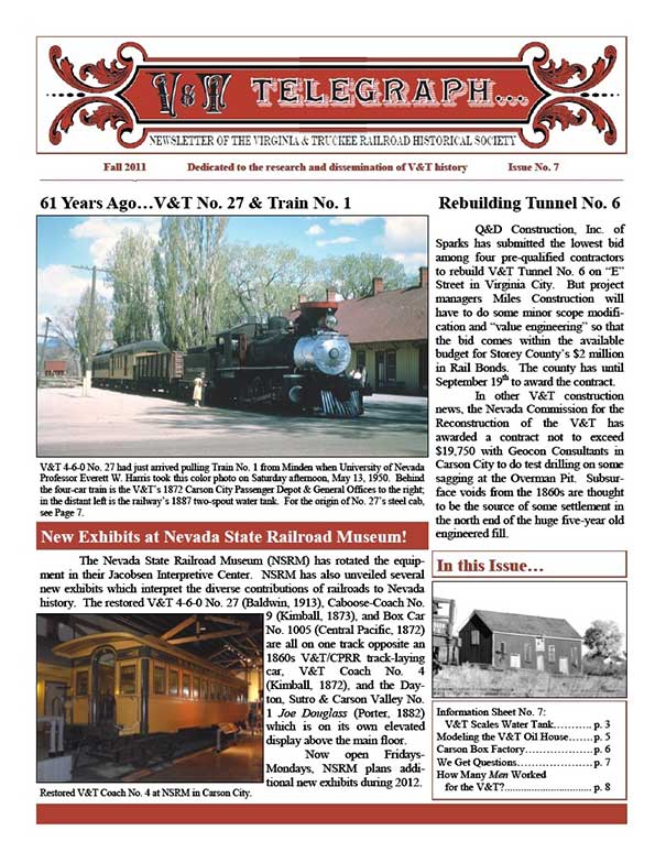 Virginia & Truckee Railroad Historical Society newsletter, V&T Telegraph, Issue 7, Fall 2011