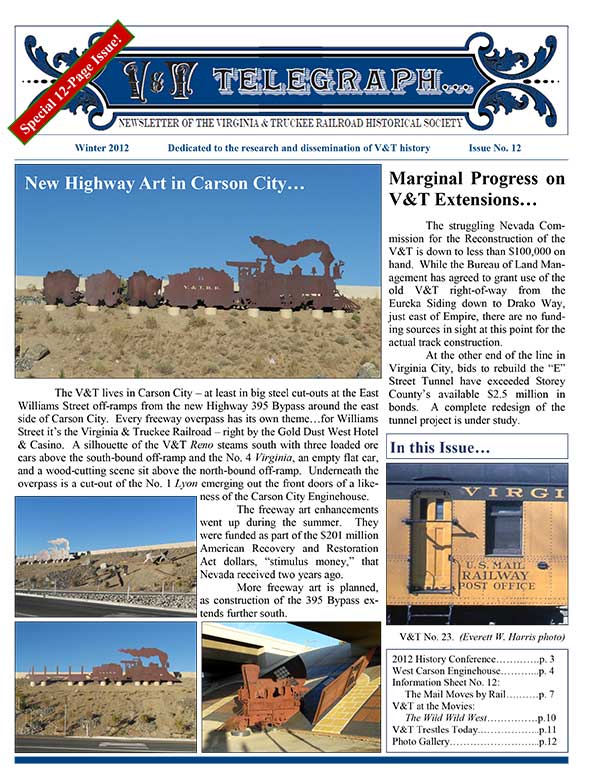 Virginia & Truckee Railroad Historical Society newsletter, V&T Telegraph, Issue 12, Winter 2012